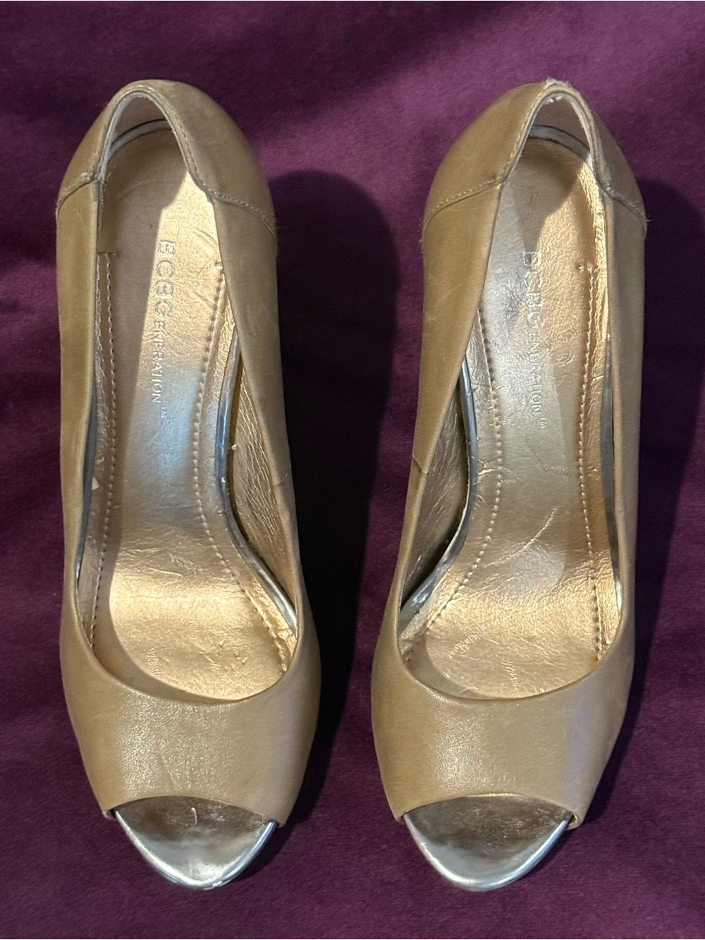 BCBGMaxAzria Tan Peep-Toe Pumps with Metallic Accent and Wooden Black Heel
